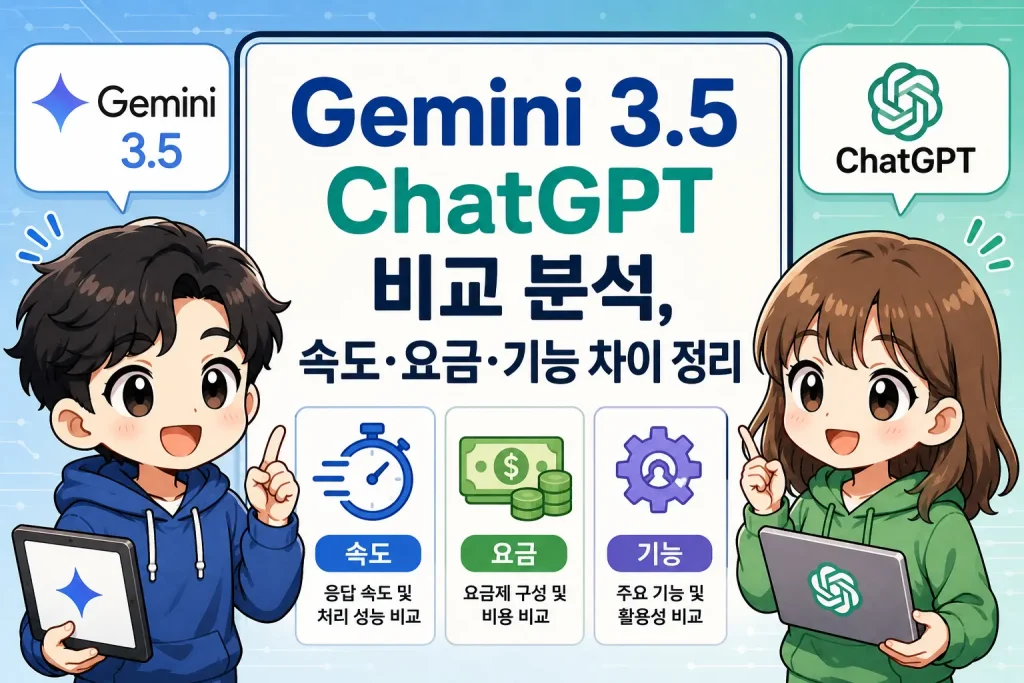 Gemini 3.5와 ChatGPT의 속도, 요금, 기능 차이를 비교 분석하는 SD 캐릭터 스타일 AI 비교 일러스트 이미지
