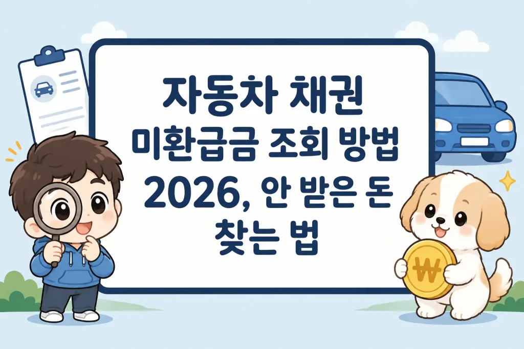 자동차 채권 미환급금 조회 방법 2026과 안 받은 돈 찾는 절차를 설명하는 SD 캐릭터 일러스트 썸네일