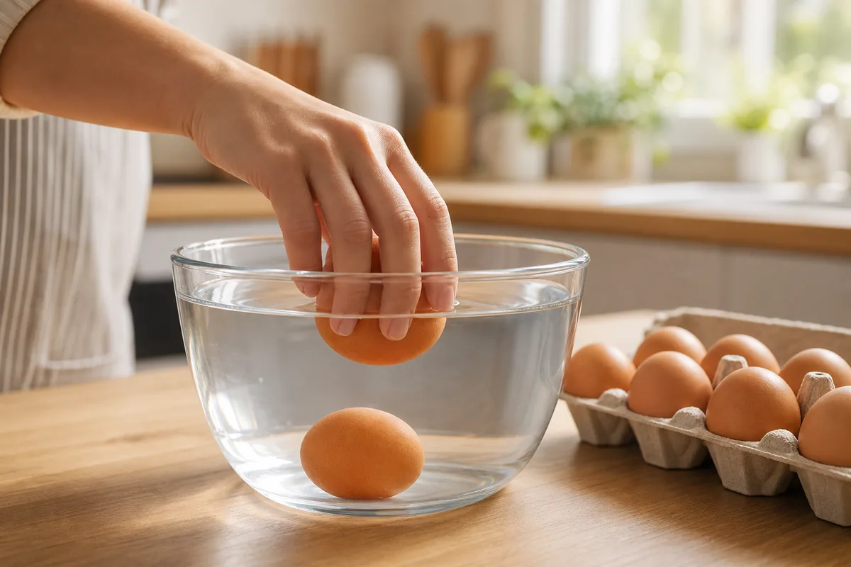 유통기한 지난 계란 신선도 확인 — 물이 담긴 볼에 계란을 넣어 보는 물 테스트