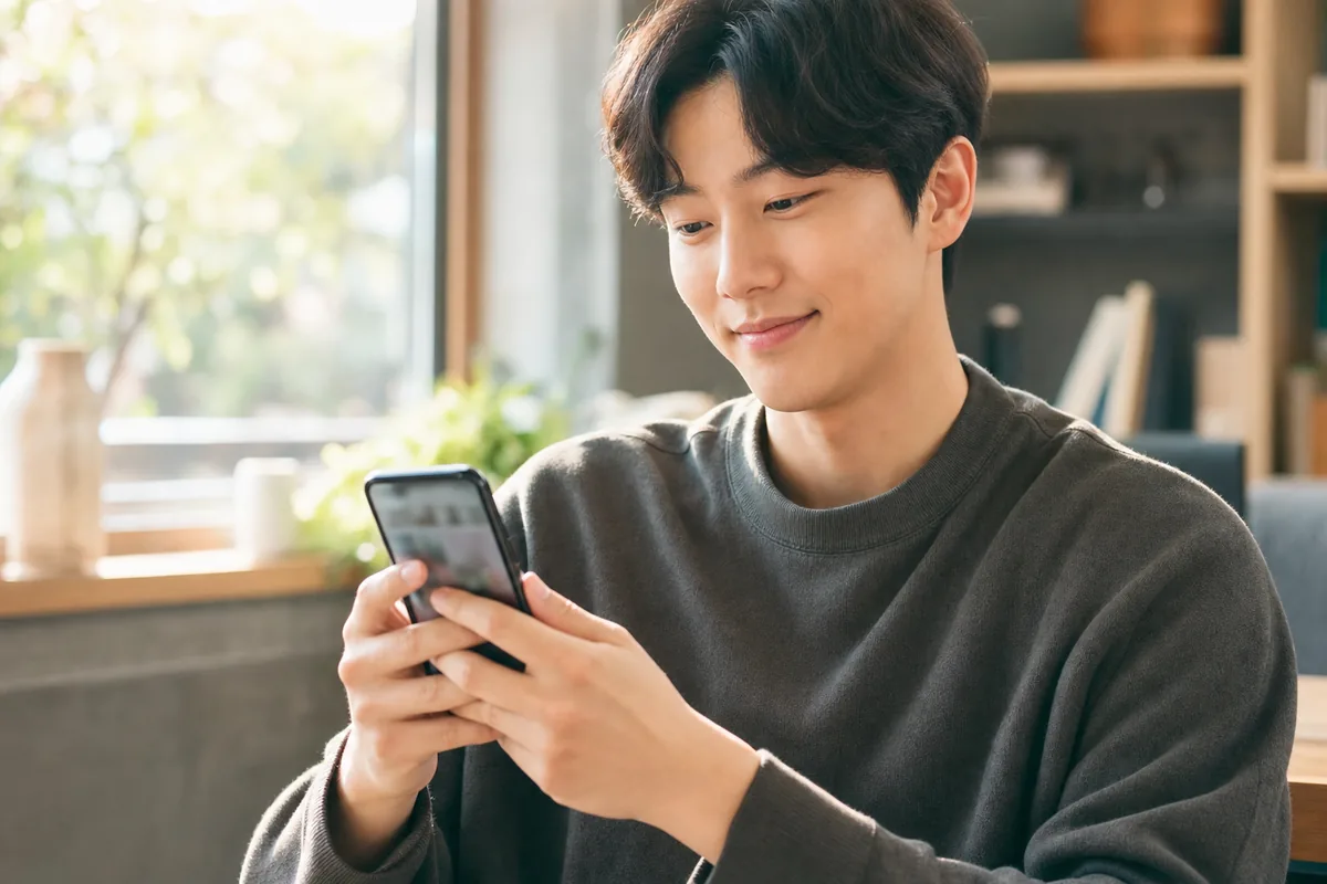 밝은 실내에서 스마트폰으로 개인 사진과 파일을 정리하며 보안 설정을 확인하는 모습