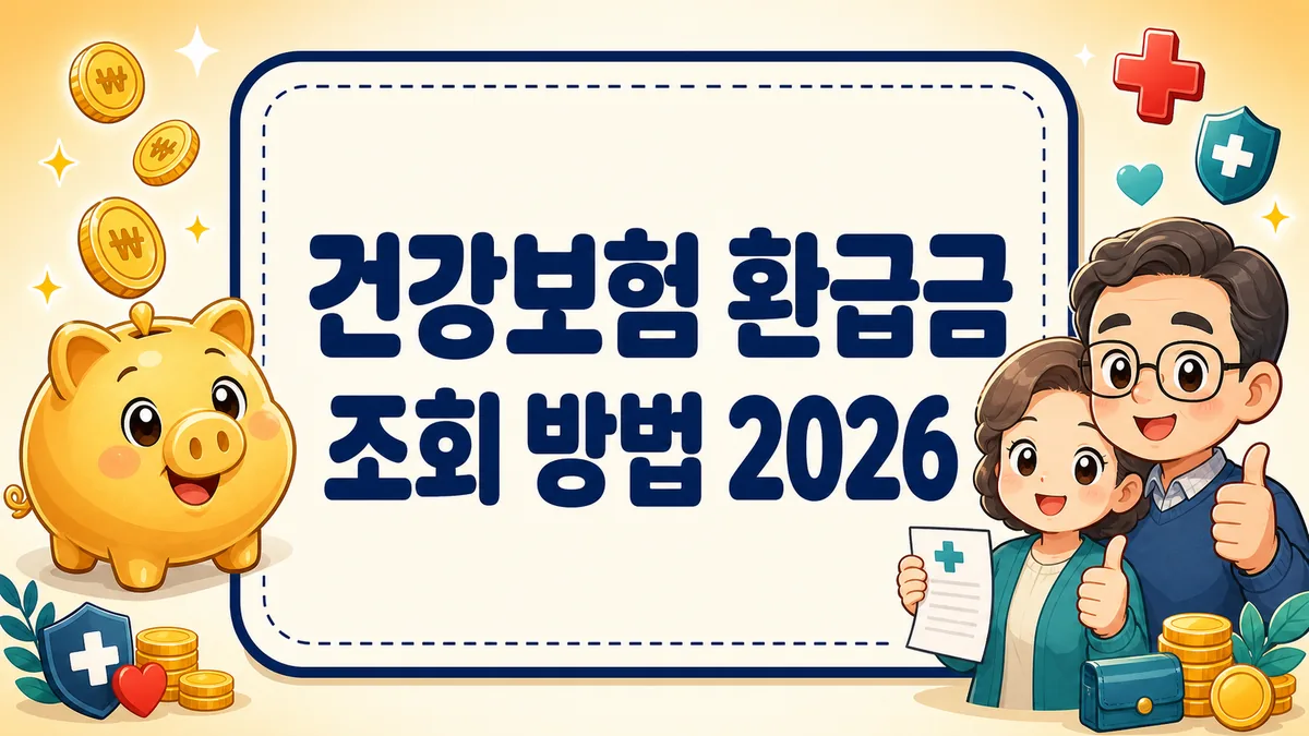 건강보험 환급금 조회 방법 2026 안내 썸네일 — 돼지저금통과 의료비 영수증을 든 부부 캐릭터 일러스트