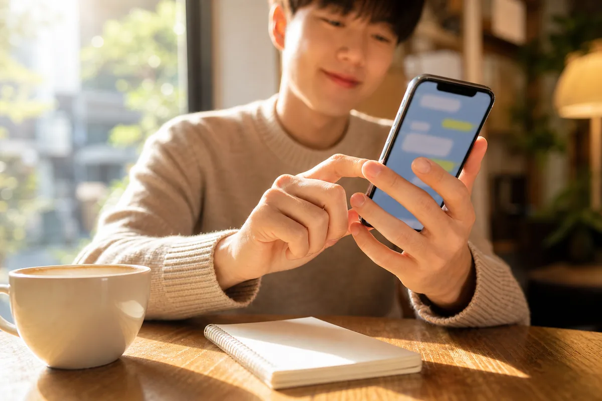 카카오톡 예약 메시지 보내기 방법 — 카페에서 스마트폰으로 메시지를 예약하는 모습