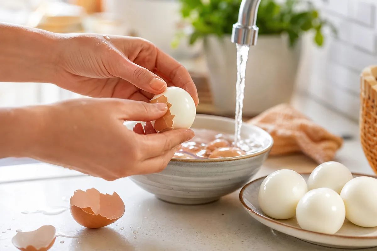 삶은 계란 잘 까지는 법 — 찬물에 식힌 삶은 달걀의 껍질을 벗기는 손 모습