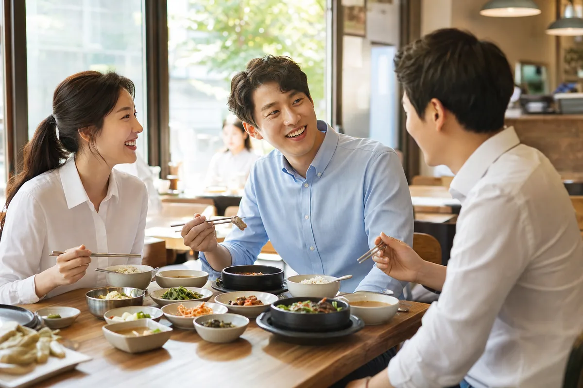 밝은 동네 식당에서 점심 식사 중인 직장인들 — 직장인 점심값 지원 대상인 외식업체 이용 장면