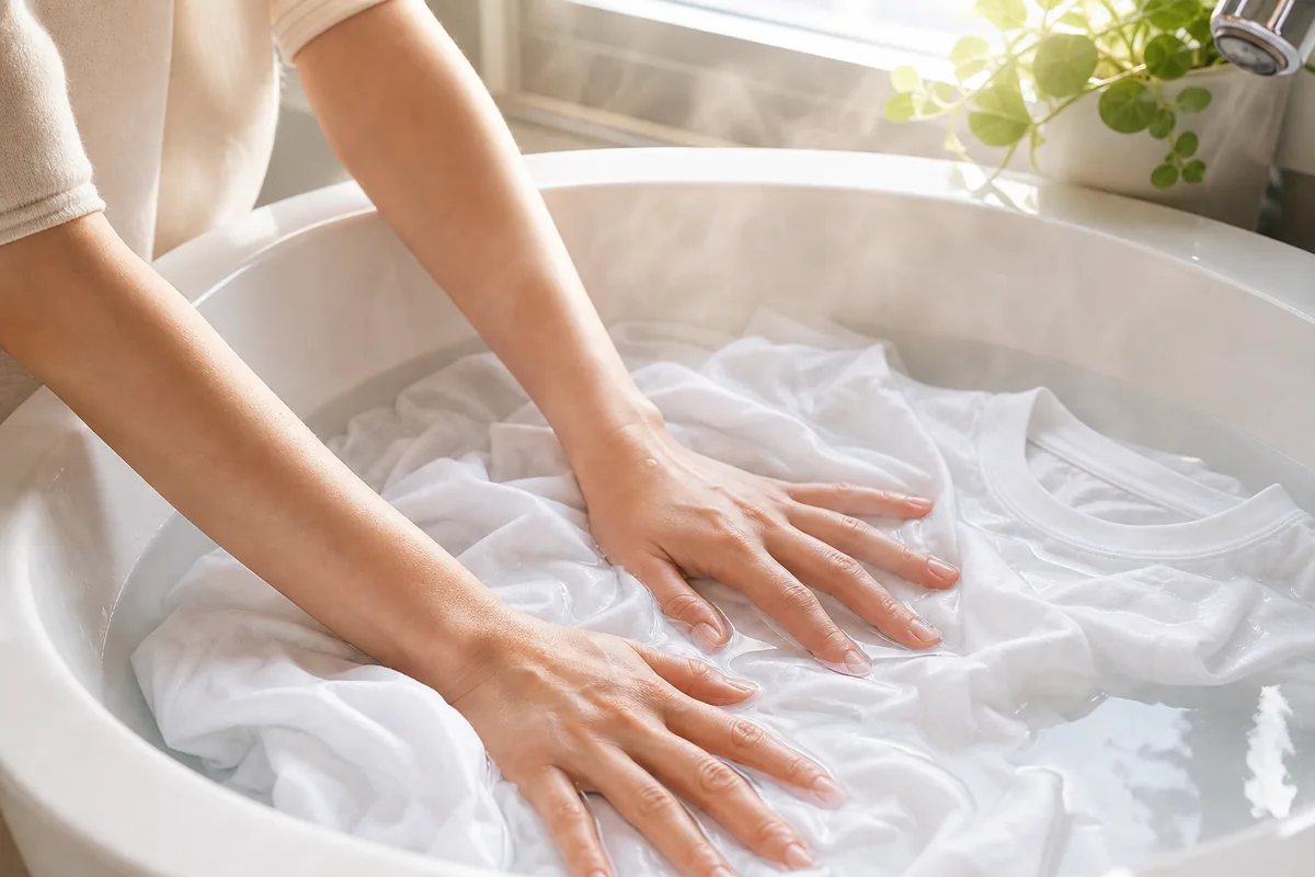 흰옷 누렇게 변한 것 하얗게 하는 법 — 세면대에 온수를 받아 흰 옷을 담가 불리는 모습