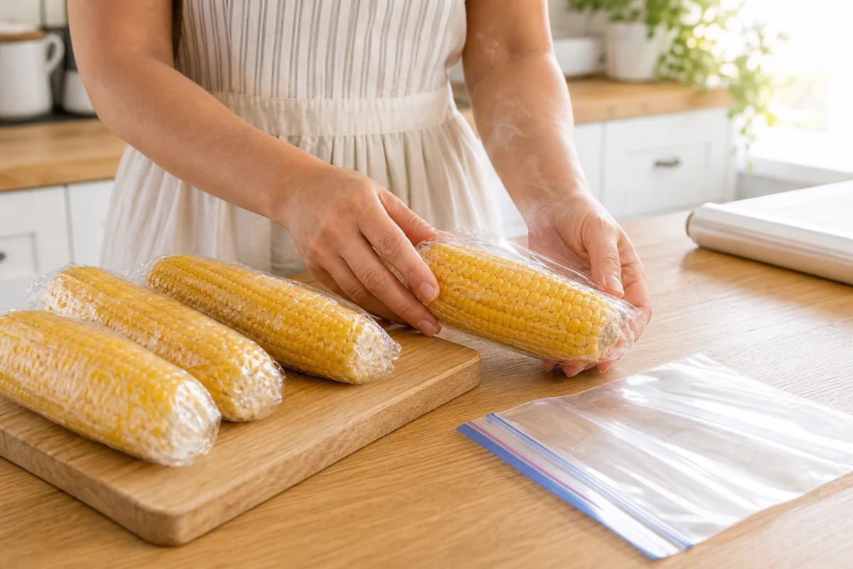 옥수수 맛있게 삶는 법 — 삶은 옥수수를 랩으로 하나씩 감싸 냉동 보관 준비하는 모습
