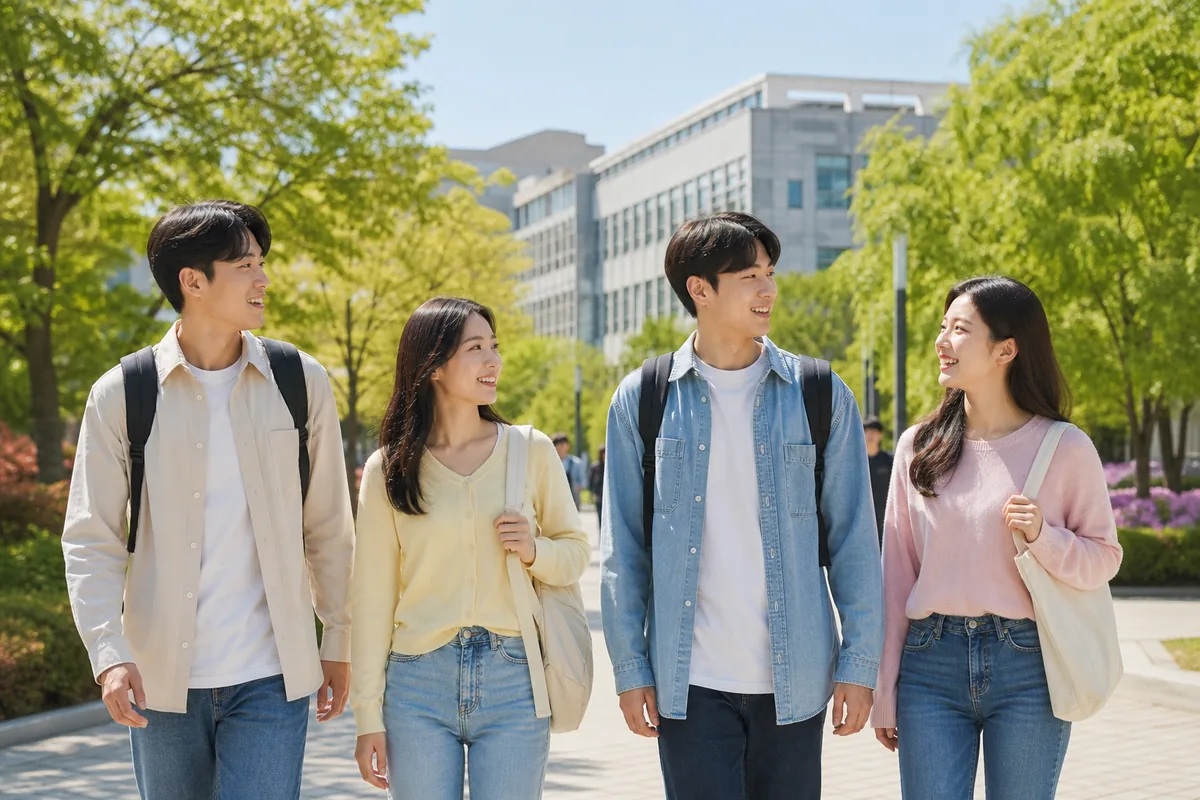 햇살 드는 대학 캠퍼스를 걷는 대학생들의 밝은 일상