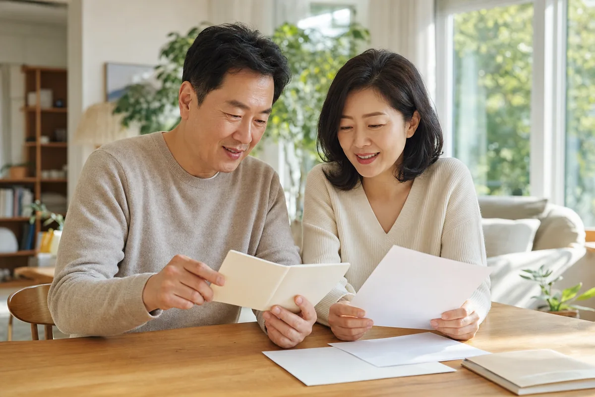 가족이 밝은 거실에서 예금 통장과 서류를 함께 살펴보는 모습