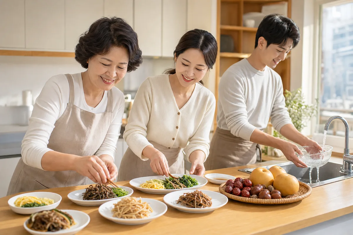 제사상 차림에 올릴 나물과 과일을 가족이 함께 준비하는 모습