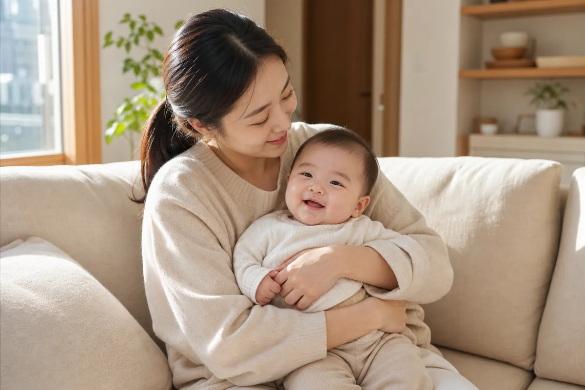 밝은 거실에서 아기를 안고 있는 부모의 따뜻한 일상
