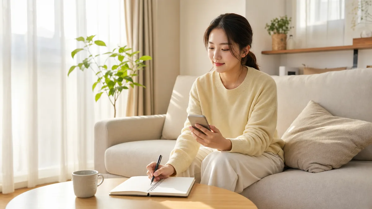 계정 유출 확인 후 비밀번호를 정리하는 모습 — 밝은 거실에서 스마트폰과 메모지를 보는 장면