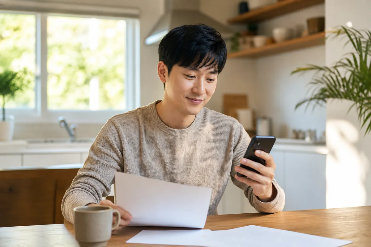 밝은 식탁에서 스마트폰으로 부모급여 신청 화면을 보는 부모