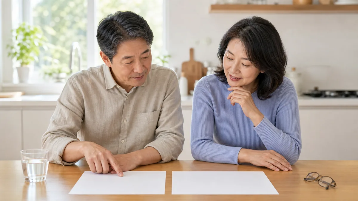 건강보험료 조정신청과 임의계속가입 중 무엇이 유리한지 서류를 비교하는 모습