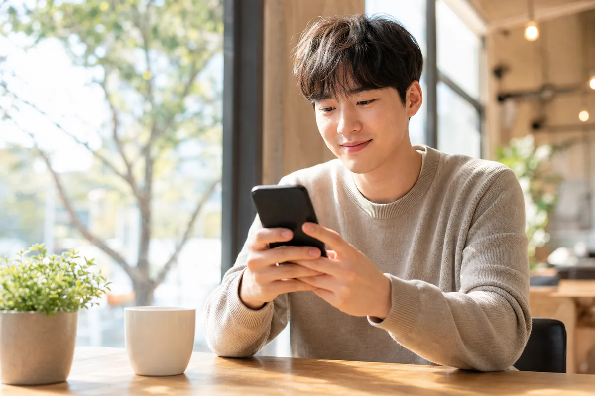 카페에서 스마트폰으로 삼성페이 교통카드 잔액을 확인하는 모습