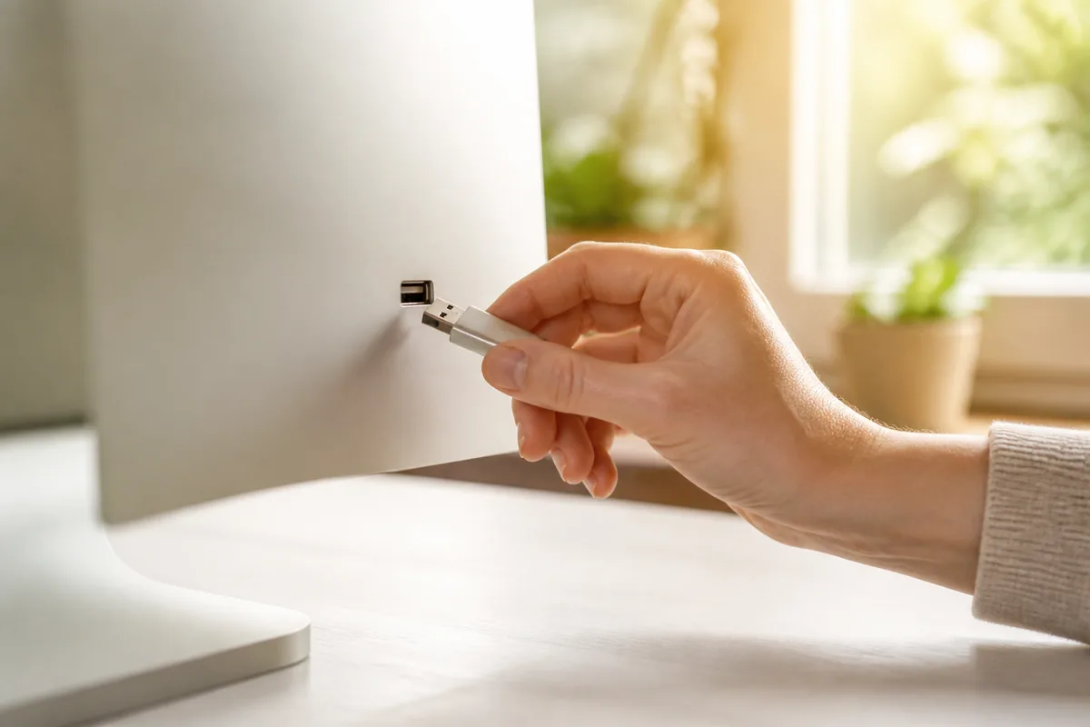 밝은 책상에서 데스크톱 뒷면 USB 포트에 USB 메모리를 꽂는 손 클로즈업