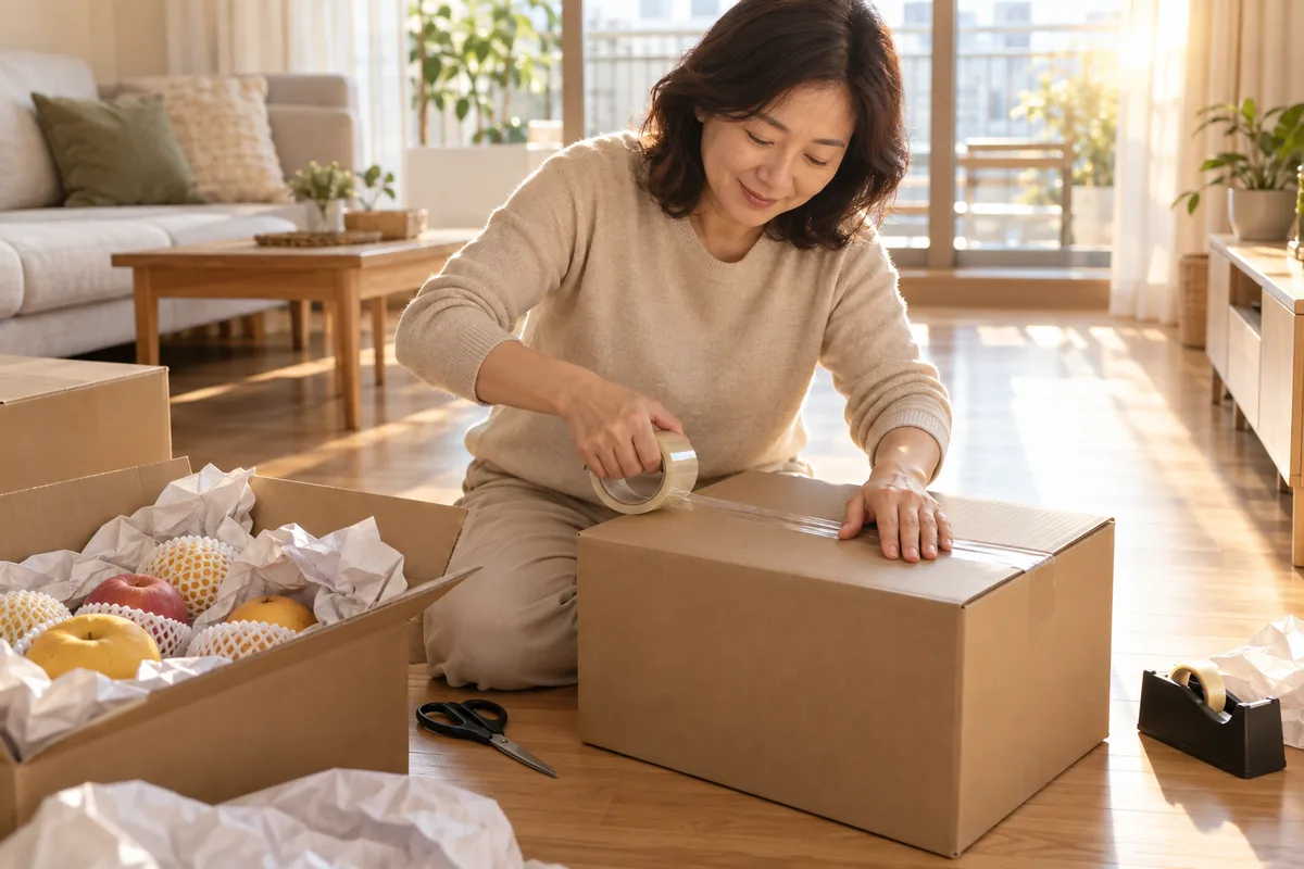 우체국택배 추석 마감 전에 집에서 명절 선물 상자를 테이프로 봉하는 모습