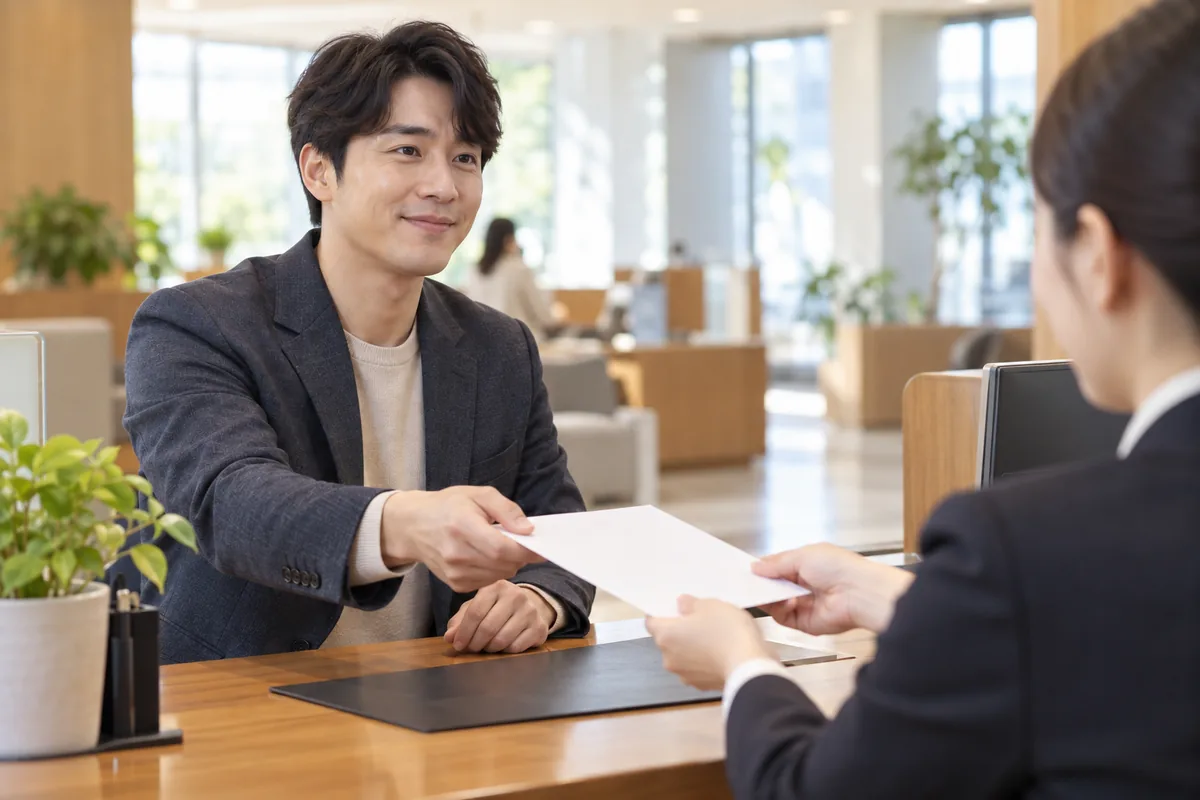 무주택확인서 발급 서류를 은행 창구에 제출하는 모습