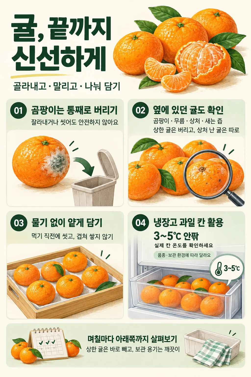 귤 보관법 인포그래픽 — 곰팡이 핀 귤 버리기, 옆 귤 확인, 물기 없이 나눠 담기, 냉장고 과일 칸 3~5℃